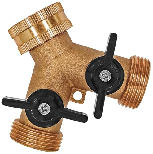 MegaHaustechnik Verteiler Y-Stück aus Messing mit 2 Absperrventilen, 3/4 Zoll Innengewinde Überwurf IG mit Gummidichtung, 2x Außengewinde ¾ Zoll AG, Durchlass innenØ 10mm, schwarze Griffe, Kugelhähne