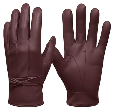 SiXsigma Sports Ladies Winter Driving Leather Gloves Women - Quick Dry Soft Fleece Lined Thermal Gloves Womens Perfect For Driving Glove's - Ideal Gifts For Women (Burgundy, Small/Medium)