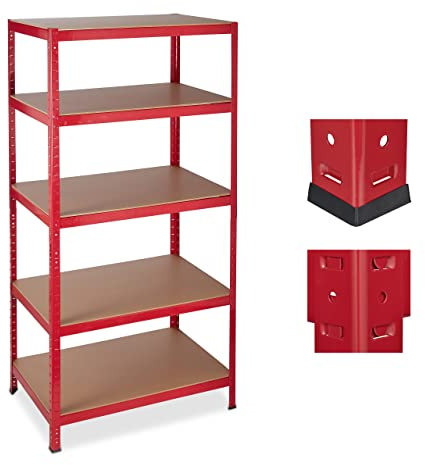 Relaxdays Lot de 2 étagères Charges Lourdes, Meuble de Rangement à Clip, Charge 1325 kg, Garage, 180x90x60 cm, Acier, MDF, Rouge