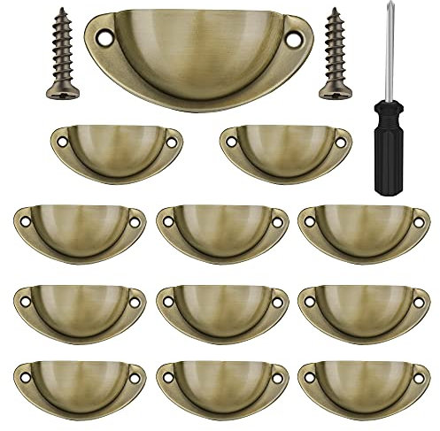 Vandicka 12 Pcs Vintage Half Moon Shell Cup Pull Handles for Cabinet Cupboard Door Dresser Wardrobe Drawer with Screws & Screwdriver, 65mm Hole Centres, Brushed Bronze