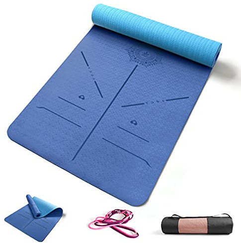 FP-TECH TAPPETINO DA YOGA IMBOTTITO ANTISCIVOLO FITNESS PILATES GINNASTICA IN TPE MAT CON SACCA 183 X 68 X 0.8 CM (Blu Elettrico-Azzurro)