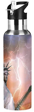 Mnsruu Art USA Statue De La Liberté Isotherme Bouteille d'eau avec Paille, Gourde Sport en Acier Inoxydable 600ML Gourdes sans BPA pour Enfant Garçon Fille École Bureau