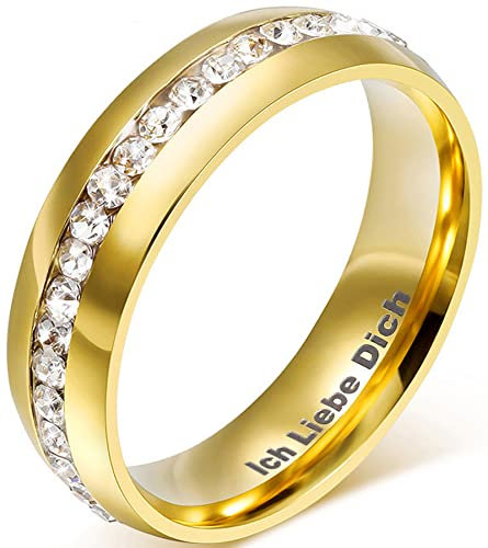 AMDXD Schmuck 18K Vergoldet Gold Edelstahlringe, Gravur Ich Liebe Dich Herren Damen Ringe Zirkonia Pave Elegante Polished Hochzeit Ehering Für Valentinstag Größe 60 (19.1) - Kostenloser Schriftzug