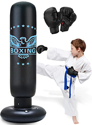 Aufblasbarer Boxsack für Kinder, 160 cm, mit Handschuhen, Boxsack mit Ständer, für Erwachsene, zum Üben von Karate, Taekwondo, MMA (schwarze Handschuhe)