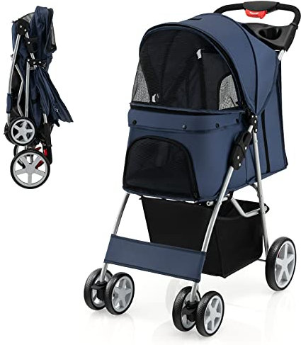 COSTWAY Folding Pet Stroller, 4 Lockable Wheels Dog Travel Pushchair Cat Buggy with Safety Belt, Adjustable Canopy, Cup Holder & Storage Basket, Dogs Cats Prams for Small Medium Pets (Navy)