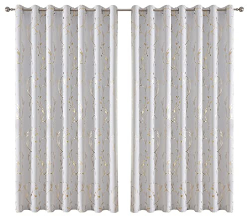 BUHUA 2er-Set Vorhang Blickdicht Verdunkelungsgardinen mit Ösen für Schlafzimmer Fenster Gardine mit Gold Weinstock Musterdruck，H 229 x B 229 cm, Grau Weiß