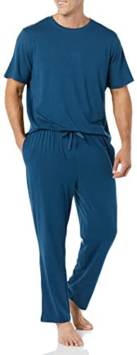 Amazon Essentials Pigiama con T-Shirt in Cotone Modal e Pantaloni a Tutta Lunghezza Uomo, Blu Scuro, S