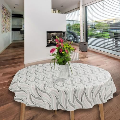 laro runde 140 cm wachstuchtischdecke wachstischdecke abwashbar PVC tischdecke Wachstuch wasserabweisend Garten tischdecke, Muster:Wellen Pink Grau Weiß