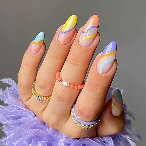 JUSTOTRY 24 Stück Mandel Nägel Zum Aufkleben Kurz, Mehrfarbig French Künstliche Nägel, Swirl Oval Kunstnägel Press on Nails, Acryl Fingernägel Fake Nails Kurz für Frauen