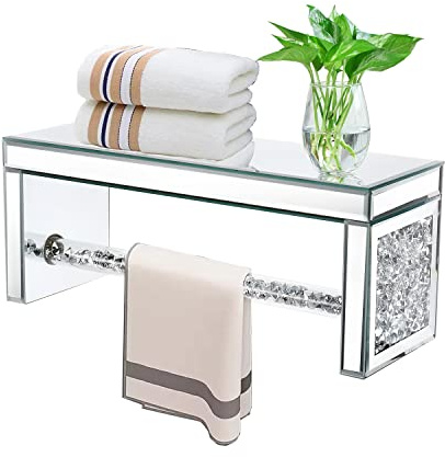 TACIDON Spiegel-Wandregal aus Glas, Wandmontage, für über Toilette, glamouröse Kristall-Diamant-Glas-Handtuchstange, dekoratives Aufbewahrungsregal aus Glas für Badezimmer, Küche oder Schlafzimmer