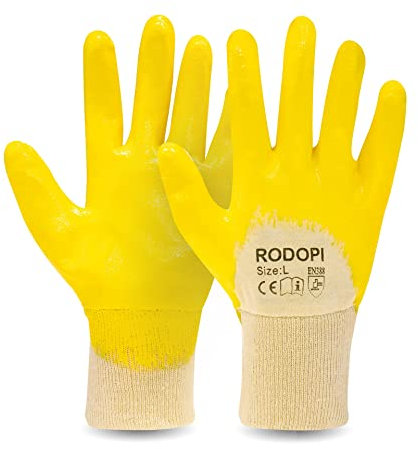 RODOPI LUBRIX Arbeitshandschuhe für Herren und Damen Nitril beschichtet Gummihandschuhe gelb Nitrilhandschuhe Ölresistent Handschuhe Gartenhandschuhe (12 Paar, 9)