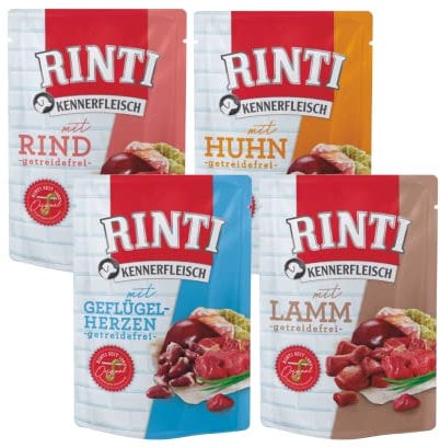 Rinti-Kennerfleisch 12 x 400g Mixpaket | 4 garantierte Sorten | getreidefreies Nassfutter mit 70% Fleisch & Innereien | ohne Soja | Hundefutter