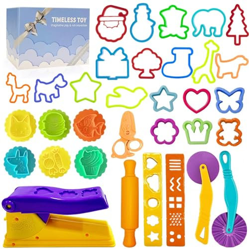 Decebaya Dough Tools for Kids- Play Sets Accessories Include Animal Molds Stamps Cutter Scissor Rolling Pin Extruder and Storage Box, Best Toys for Toddler Boy Gril Age 2-4-8