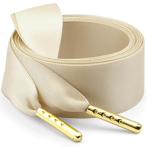 WEGOODZF Satin Ribbon Shoe Laces: 2.2CM Wide 100CM Long Khaki Flat Silk Shoelaces with Golden Metal Tips for Women Girls 2 Pairs Replacement Shoelace for Trainers Boots