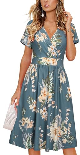 VOTEPRETTY Damas Vestido de Verano Manga Corta Cuello en V Vestido Envolvente Vestido a la Rodilla con Bolsillos
