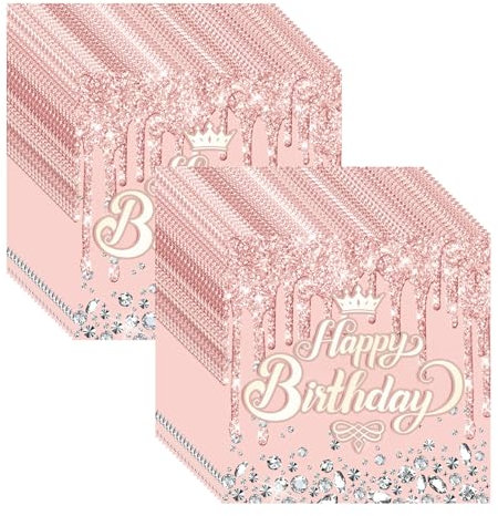 Wekuw Servietten Happy Birthday, 40 Stücke Rose Geburtstag Serviette 33 * 33cm Servietten Geburtstag Tischdeko Geburtstag Servietten, für Mädchen Geburtstag Party Dekoration (Rose)