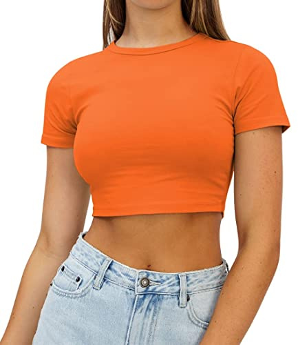 AirMood Womens Crop Summer Tee Tops Short Sleeve Casual Cropped Tshirt (Orange,S)