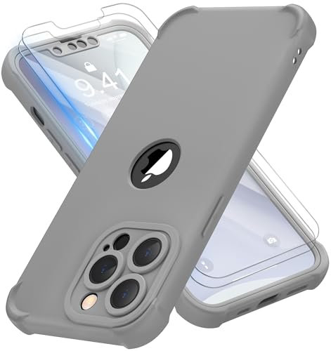 ORETECH 4 in 1 Case for iPhone 13 Pro Case, with [2 x Tempered Glass Screen Protector] [Camera Protection] [Military Grade Protective] Thin Slim Fit Rubber Bumper 13 Pro Phone Case Cover - Grey