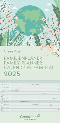 GreenLine - Green Vibes 2025 Familienplaner, 22x45cm, Familienkalender mit effizienter Monatsaufteilung in 5 Spalten, für Familienorganisation, Schulferien und Stundenpläne, mit Spiralbindung
