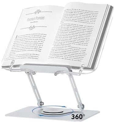 Excerando Buchständer Acryl - 360 Grad Drehung Bücherständer mit Stabilem Aluminiumlegierungssockel und Höhenverstellbarem Arm, Buchhalter Leseständer für Dicke Bücher und Rezepte