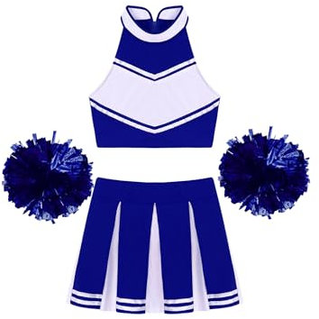 MSemis Damen Cheerleading Kostüm Cheer Leader Uniform Karneval Fasching Party Halloween Kostüm Kleid Minirock mit Crop Top N Ein Königsblau A L