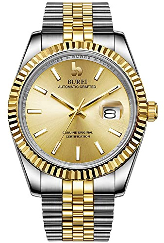 BUREI Klassische Uhren Herren Automatik Saphirglas Roségold Edelstahl Armband 41mm Mechanische Armbanduhren mit Kalender