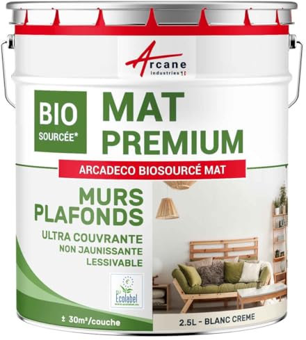 ARCANE INDUSTRIES Peinture Mat, Mur et Plafond, biosourcée - Peinture Chambre, Salon, pièces à Vivre - 2.5 L (+ ou - 30m² par Couche) Blanc Crème - RAL 9001
