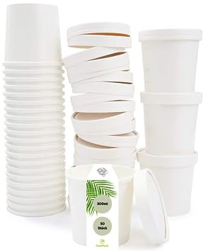 DeinPack 50 Suppenbecher 300ml 12 oz | To Go Becher mit Deckel weiß I Becher mit Innenbeschichtung | Suppen-Becher to Go Pappe I 50 Einweg-Becher mit Deckel | Eisbecher mit Deckel