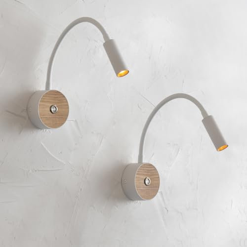 Ouglres Lampe de Lecture Murale 2pcs,Lampe Led Murale Avec Interrupteur,Blanc Industriel Applique Murale en Bois,360° Pivotant Col de Cygne Lampe de Lit,Lampe de Chevet Murale pour Chambre,Hôtel,3000k