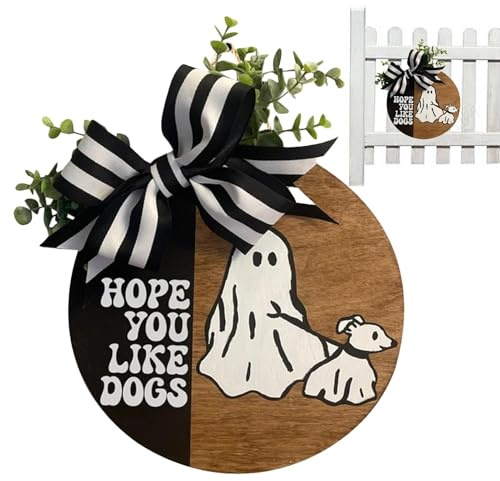 Ruwshuuk Pannelli porta di Halloween, pannello porta d'ingresso di Halloween, divertente cane fantasma che cammina fuori dal portico, Pannello porta di benvenuto Happy Halloween, gancio porta
