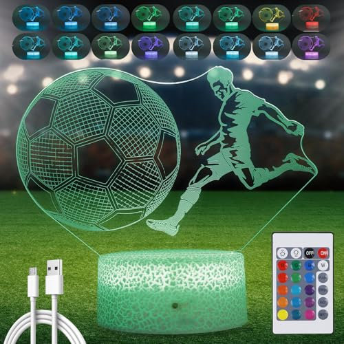 WIYETY Fußball 3D Illusion Lampe, Fußball Nachtlicht, Fussball Geschenke für Jungen, Fußball Nachtlicht mit Fernbedienung und 16 Farbwechsel, Kinderzimmer Deko Nachtlicht