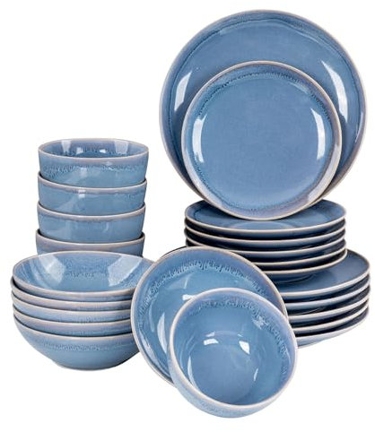 levandeo Vajilla de 24 piezas para 6 personas, gres, color azul, apto para microondas, apto para lavavajillas, diseño moderno