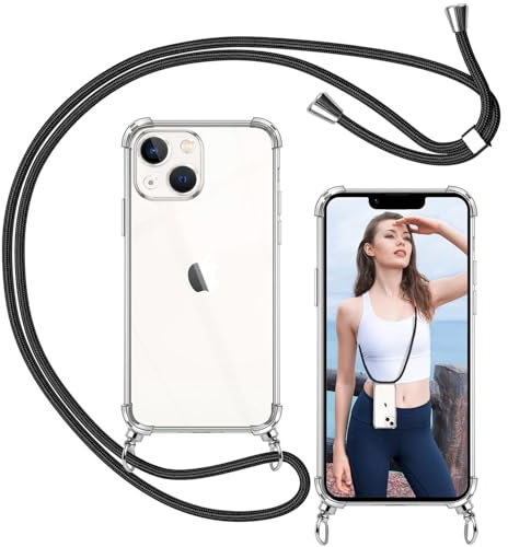 ISOI-Coque Cordon Compatible avec iPhone 13 Mini, Collier Réglable Téléphone Portable Lanyard Case, Ètuis à Bandoulière Transparente en Silicone TPU Souple avec Airbag Antichoc-Noir