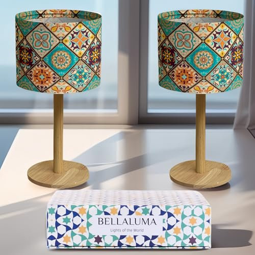 Lampe de chevet chambre lampe de table salon veilleuse d'ambiance abats-jour design multicolore lumiere E14 Led lampe chevet originale pieds modernes en bois lampes de salon (Palace Print, 2 unités)