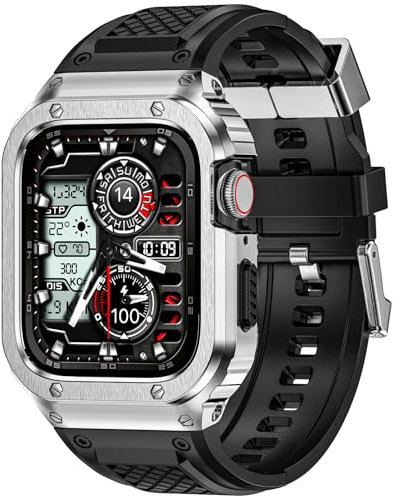 Deczone Bracelet avec boîtier en acier inoxydable compatible avec Apple Watch Series 10 46 mm, coque de protection en métal robuste pour hommes (argent)