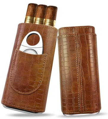 Portasigari,Porta Sigari in Pelle,Humidor per 3 Sigari,Custodia per Sigari con Tagliasigari,Foderata in Legno di Cedro,Portatile Portasigari da viaggio,Adatto da portare fuori (Brown Texture)
