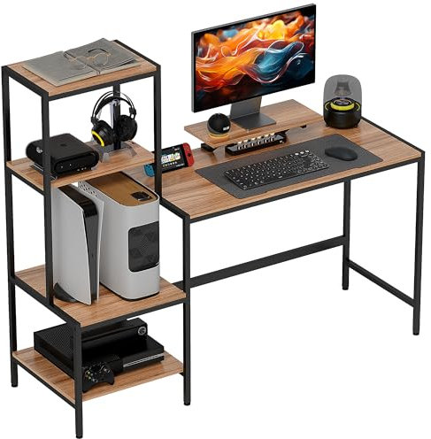 HOMCOM Scrivania PC con Scaffale Reversibili a 4 Ripiani e Supporto per Monitor, Scrivania per Computer 15.6 con Piano per CPU e Stampante, per Ufficio e Studio, 150x48x125cm, Marrone