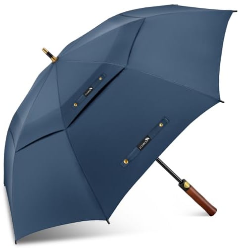ZOMAKE Ombrello da Golf Grande 157cm, Automatico Ombrelli Pioggia Grandi Resistente Antivento Con Doppio Baldacchino, Extra Large Umbrella Per Uomo Donna con Manico in Legno(Blu, Accessori Dorati)