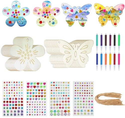 24Stück Holz Blumen zum Bemalen Holzblumen Schmetterlinge Blumen Mit Aquarellstift Glitzersteine zum Basteln Holzherzen Deko für Basteln Kindergeburtstag Gebrtstagsdeko