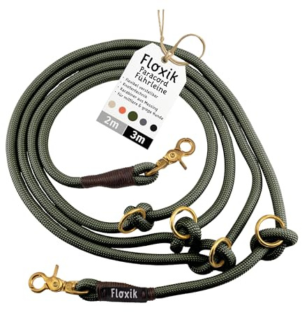 Floxik Hundeleine Paracord 3m Grün | Führleine für mittlere & große Hunde | Wetterfest & Pflegeleicht | Flexibel verstellbar Dank cleverer Knotentechnik | Hohe Reißfestigkeit | ø11mm