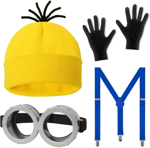 4 Stück Gelbes Kostüm Set für Erwachsen, Film Kostüme Zubehör Enthalten Mütze Goggles Handschuhe und Hosenträger für Halloween Karneval Kostüm Party Cosplay