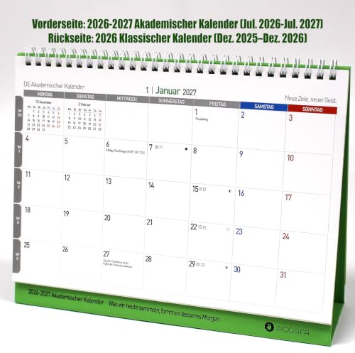 AGGAFA Tischkalender 2026–2027, Akademisch & Traditionell, Große Schrift | 2-in-1 Tischkalender 2026–2027 für Schule, Studium & Büro, mit großer Schrift, viel Platz zum Schreiben und Mondphasen