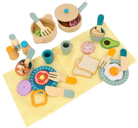 UPALDHOU 12-Piece Premium Cherry Wood Play Food Set, Toy Kitchen Utensils for Toddlers 3,4,5,6, Imaginative Plates & Dishes with Spatula, Parent-Child Interaction Enhancer, Early