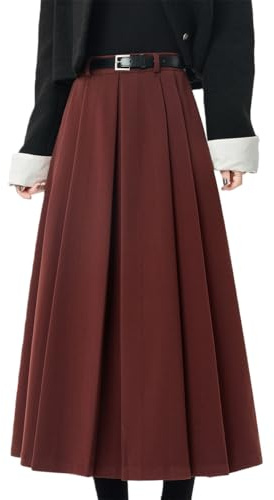 Damen Hohe Taille A-Linien Rock Midirock, Fallender Blazerrock Langer Plisseerock Freizeitrock mit Gürtel, Midi Faltenrock Business Rock