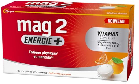 MAG 2 ÉNERGIE+ - Magnésium, vitamines B, C & zinc - 30 comprimés | Programme revitalisant - Fatigue physique et mentale - Vegan - Goût orange pressée - Comprimés effervescents