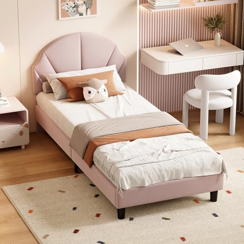 Letto imbottito per bambini, 90 x 200 cm, letto singolo da principessa, con testiera regolabile in altezza e rete a doghe, in velluto, senza materasso (rosa-B, 90 x 200 cm)