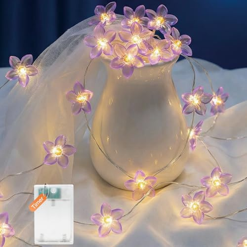 Afaiup LED Lilien lichterkette Blumen, 2M 20er Micro warmweiß LED Blumen Lichterkette Innen,Batteriebetrieben mit Timer, blumen girlande für room decor, Frühling Deko, Innen, Garten, Bäume, fake