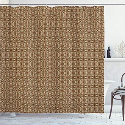 ABAKUHAUS Viktorianisch Duschvorhang, Aufwändige Strudel Curves, Stoffliches Gewebe Badezimmerdekorationsset mit Haken, 175 x 200 cm, Hellgelb Braun