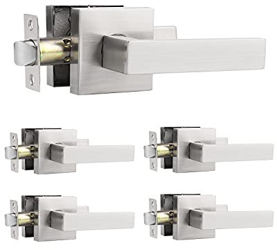Probrico 5 Pack Square Interior Passage Door Lever for Hallway Stainless Steel Closet Two Sides Flat Reversible Door Handle with Latch Brushed Nickel