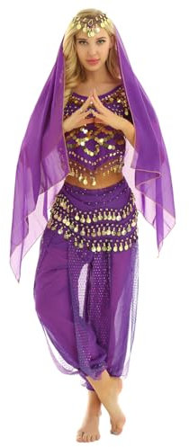 Yeahdor Damen Bauchtanz Kostüm Set Pailletten Bauchtanz Oberteil mit Mützen + Haremshose + Hüftschal + Schleier Karneval Fasching Cosplay Party Verkleidung A Lila Einheitsgröße